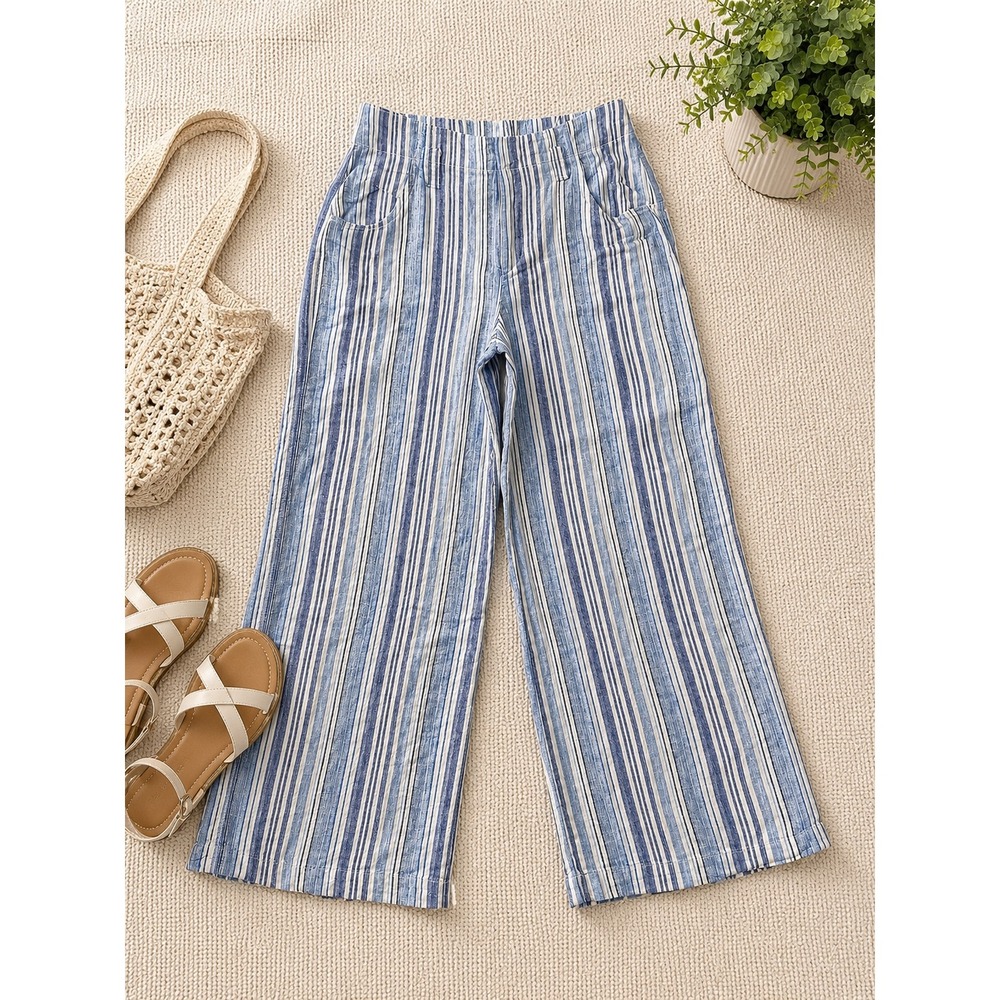 GAP Women size 6 Blue White Striped Linen Blend Wide Leg‎ Pants